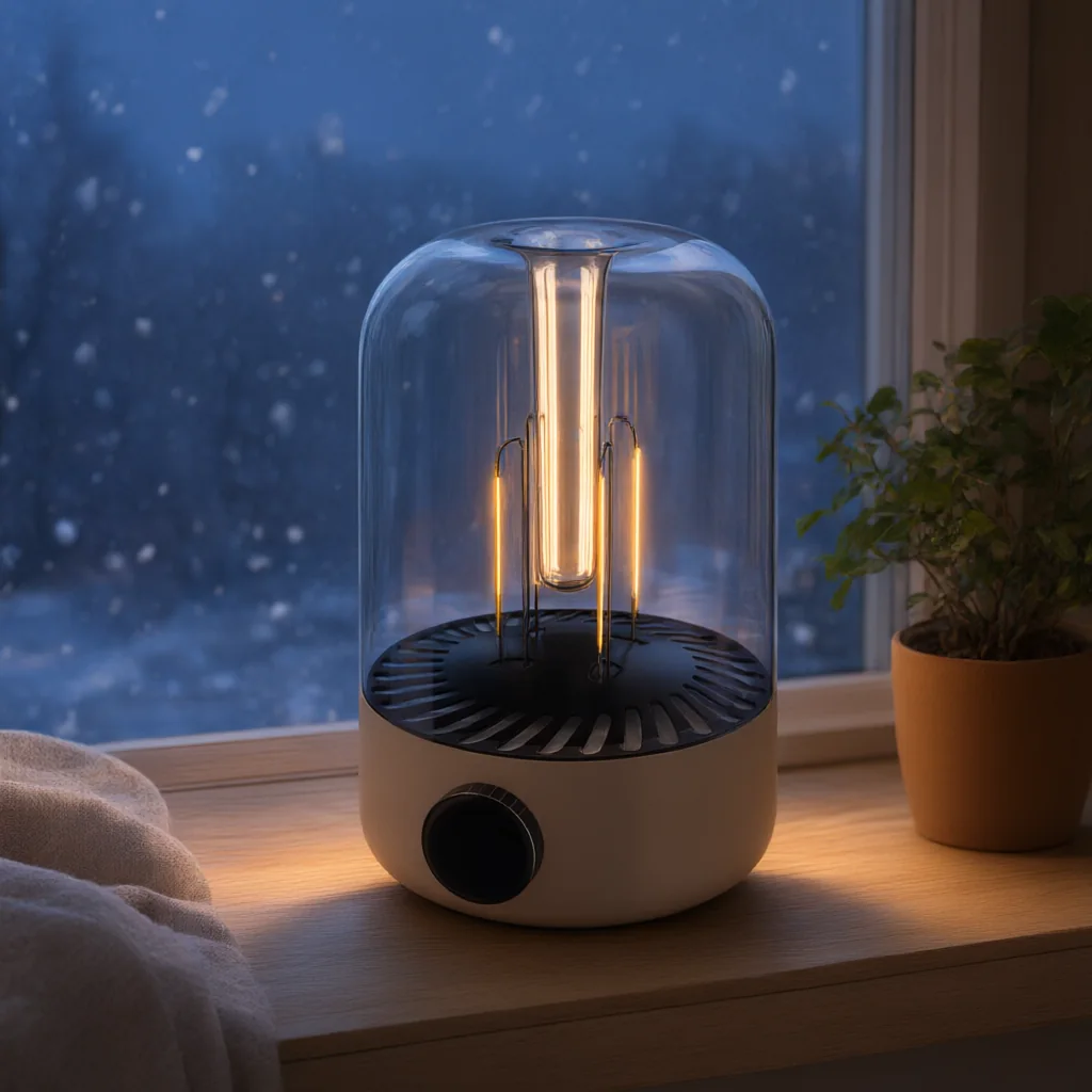 Glass Filament Lantern Lamp on a window sill at dusk